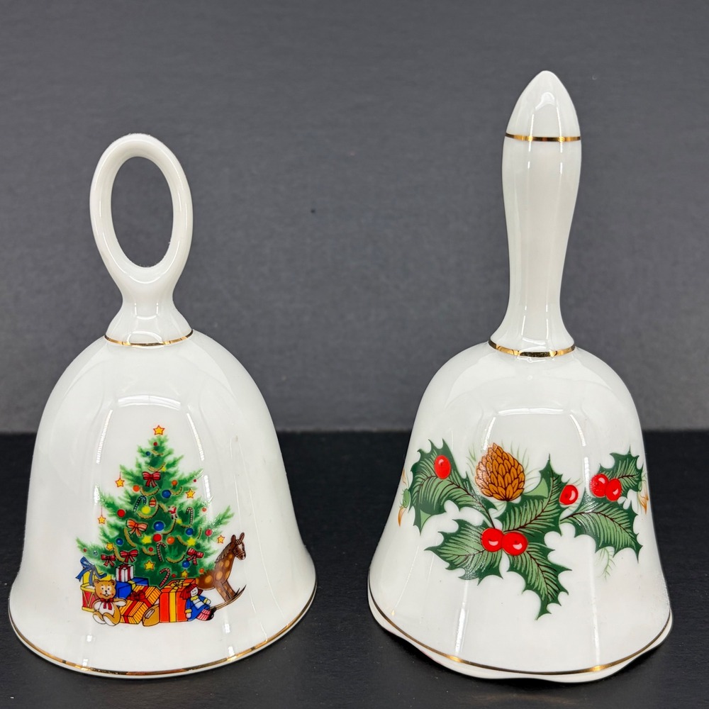 Japanese Dinner Bells Vintage Christmas Morning Porcelain Holly Tree Set of 2